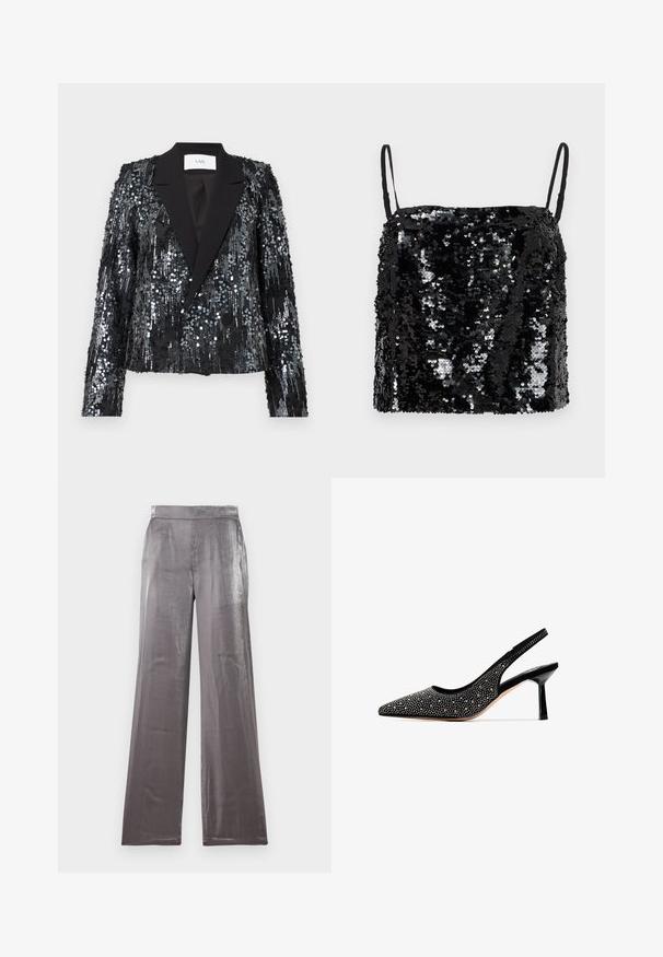 Sort palietjakke med en tekstureret overflade, der har en satin peak lapel og dobbeltknaplukning, cropped pasform og lange ærmer.; Sort paliettop med tynde, justerbare stropper, der har en firkantet udskæring og en tekstureret overflade skabt af overlappende palietter.; Bredde benbukser i et skinnende, sølvfarvet stof. Har en glat tekstur med en flad talje og ingen synlige lommer.; Sorte suede slingback pumpe med spids tå, prydet med metalliske nitter og en blank sort stiletto hæl. Glat indvendig foring.