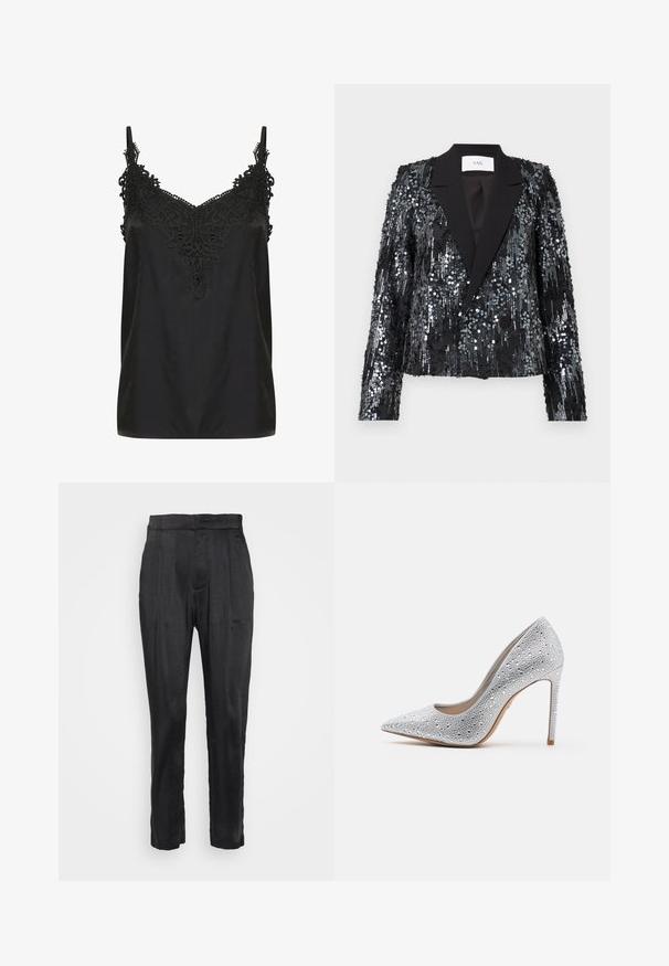 Blazer noir en sequins avec une surface texturée, présentant un revers en satin, un devant à double bouton, une coupe cropped et des manches longues.; Camisole noire avec un décolleté en V et des détails en dentelle intricats au niveau du col. Dotée de bretelles spaghetti et d'un tissu léger et fluide.; GAP Petite PLEATED WIDE PANT - Pantalon classique - black; Escarpin argenté à talon haut avec une pointe conique, orné de strass, texture lisse et un talon stiletto se rétrécissant à une base étroite.
