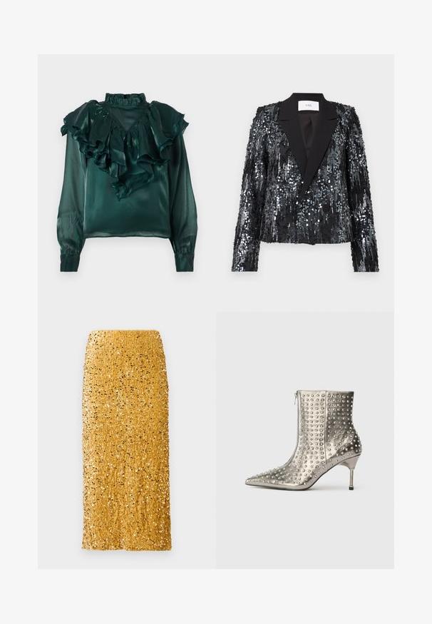 Blazer noir en sequins avec une surface texturée, présentant un revers en satin, un devant à double bouton, une coupe cropped et des manches longues.; Blouse en satin teal avec un col et des manches à volants. Présente un col haut et des poignets fuselés, mettant en valeur une texture lisse et brillante.; Jupe midi dorée recouverte de sequins brillants avec une coupe droite et une taille haute sur fond blanc.; Bottine en argent avec un bout pointu, texture cloutée, finition métallique et un talon slim et cylindrique. Fermeture avec une fermeture éclair sur le côté.