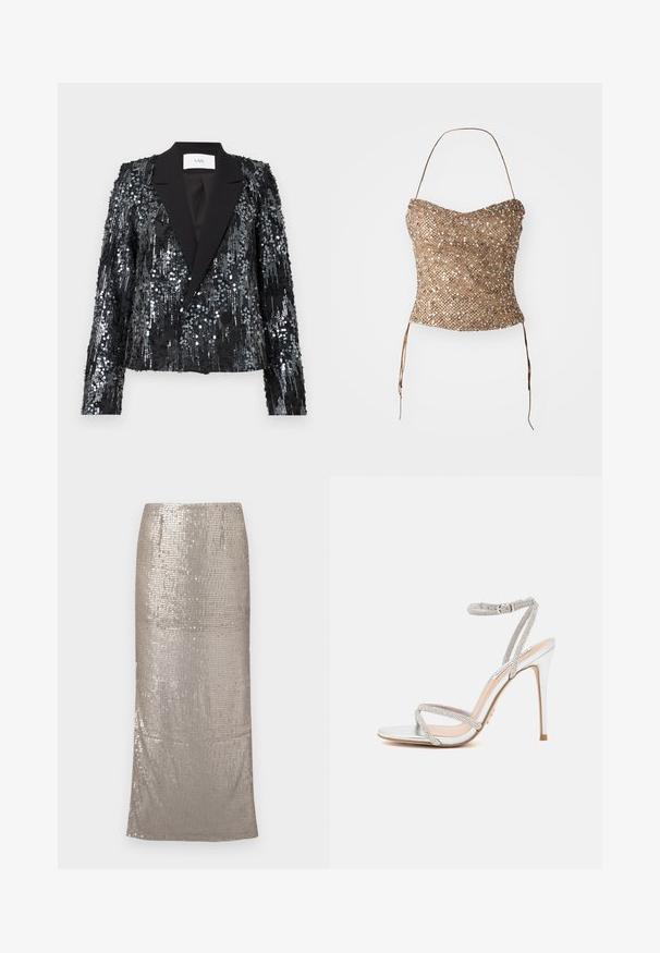 Blazer negro de lentejuelas con una superficie texturizada, que presenta un cuello de pico de satén y un frente de doble botón, con un corte corto y mangas largas.; Top sin tirantes trenzado en dorado, con una superficie texturizada y con lentejuelas, y lazos en la cintura para un ajuste ajustable. Silueta lisa y ceñida.; Falda midi plateada y brillante cubierta de lentejuelas, con una silueta recta y un dobladillo que cae por debajo de la rodilla. Textura suave.; Sándal de tacón alto plateado con tiras finas, adornado con strass, con un diseño elegante y una punta afilada.