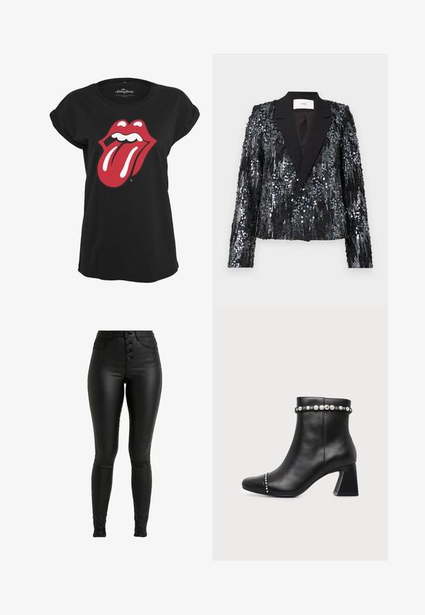 Blazer noir en sequins avec une surface texturée, présentant un revers en satin, un devant à double bouton, une coupe cropped et des manches longues.; T-shirt noir en coton avec un motif graphique en rouge et blanc du logo des Rolling Stones représentant des lèvres et une langue sur le devant. Encolure ronde.; ONLY Tall ONLROYAL BUTTON - Pantalon classique - black; Bottine en cuir noir avec talon bloc, ornée de clous argentés autour du bord supérieur et de l'embout.