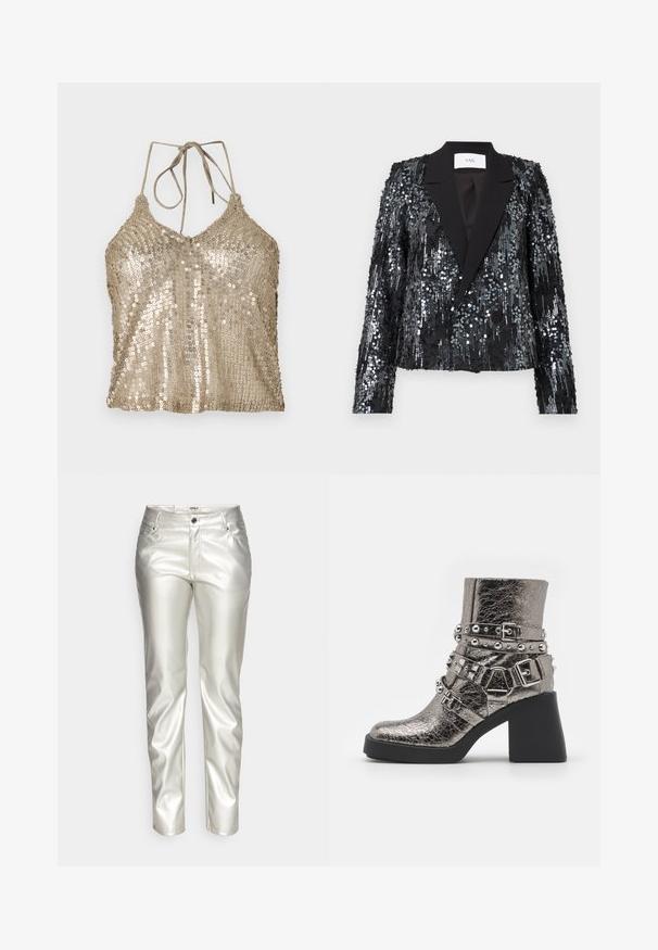 Sort palietjakke med en tekstureret overflade, der har en satin peak lapel og dobbeltknaplukning, cropped pasform og lange ærmer.; Guld paliet halter-top med V-hals, justerbare bånd og struktureret overflade. Har en løs pasform og skinnende, refleksive palietter over det hele.; ONLY ONLJACI LILO - Bukser - silver; Metallic sølv ankelsko med flere sorte stropper, sølvnitter og en kraftig sort hæl. Struktureret overflade med en blank finish.