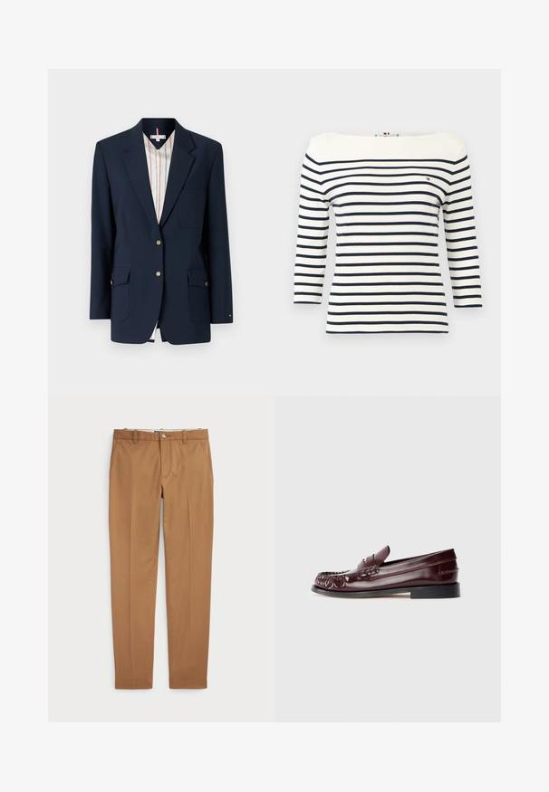 Blazer bleu marine en tissu structuré, doté d'un revers cranté, de deux poches frontales et d'accents en boutons dorés. Doublé en tissu rayé.; Chemise blanche à manches longues avec des rayures horizontales bleu marine et un petit logo Tommy Hilfiger sur la poitrine gauche.; Pantalons en coton marron au design ajusté, devant plat et poches standard ; texture lisse et ourlets finis.; Mocassin penny en cuir bordeaux avec semelle noire et détail en métal doré sur le dessus, présenté en vue latérale sur fond blanc.