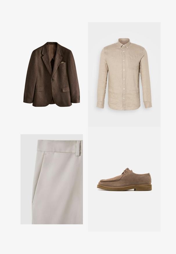 Brauner Herrenblazer mit Kerb-Revers, zwei Klappentaschen vorne, geknöpften Manschetten, einreihig mit zwei Knöpfen und einem Einstecktuch in der Brusttasche.; Beige Leinen-Hemd mit langen Ärmeln, einer Brusttasche und weißen Knöpfen. Glatte Textur, lockere Passform und spitzer Kragen.; Hellbeige maßgeschneiderte Hose mit glatter Textur, strukturiertem Bund, doppelten vorderen Falten und seitlichen Taschen für praktische Nutzung.; Zign LEATHER - Sportlicher Schnürer - taupe