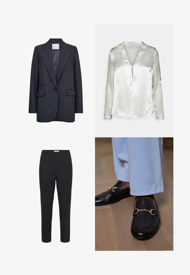 Blazer bleu marine au design ajusté, avec des revers marqués, une fermeture à un bouton, et deux poches à l'avant avec une texture lisse.; STUDIO ID ALYSSA - Blouse - champagne; Pantalons noirs ajustés en tissu lisse. Présente une coupe droite, un devant plat et des poches latérales, avec une ceinture discrète. Sans motifs ni accents.; Mocassins en cuir noir avec un détail en métal doré portés avec un pantalon bleu clair sur un sol en bois.