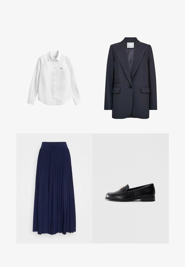 Blazer bleu marine au design ajusté, avec des revers marqués, une fermeture à un bouton, et deux poches à l'avant avec une texture lisse.; Chemise blanche à manches longues avec boutons, fabriquée dans un tissu légèrement texturé. Dotée d'une poche avant avec un petit logo brodé et d'un col classique.; Jupe plissée marine en tissu doux, dotée d'une large ceinture confortable et d'un design fluide avec des plis verticaux sur toute sa longueur.; Mocassin en cuir noir avec un petit talon et un emblème décoratif en or sur la sangle, présenté sur un fond gris clair uni.