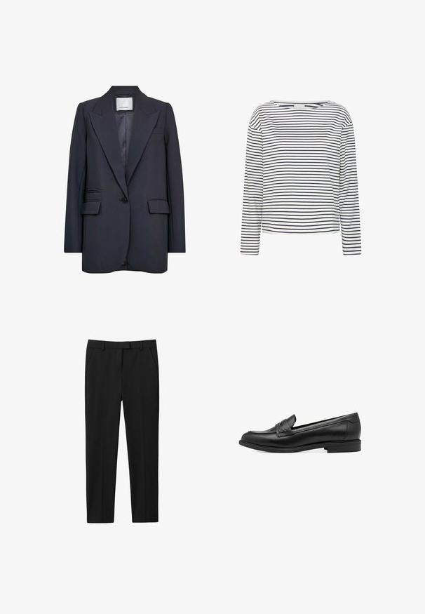 Blazer marino con un diseño ajustado, que presenta solapas afiladas, cierre de un botón y dos bolsillos frontales con una textura suave.; Camiseta de manga larga con escote barco, hecha de un tejido suave con rayas horizontales en azul marino y blanco. Corte recto y detalles minimalistas.; Pantalones negros con un diseño ajustado, con frente plano, dos bolsillos laterales y corte recto. Fabricados en un tejido suave con un brillo sutil.; Mocasines de piel negra con una textura suave, que presentan un detalle trenzado en la parte superior y un tacón bajo y redondeado. Diseño y forma simples.
