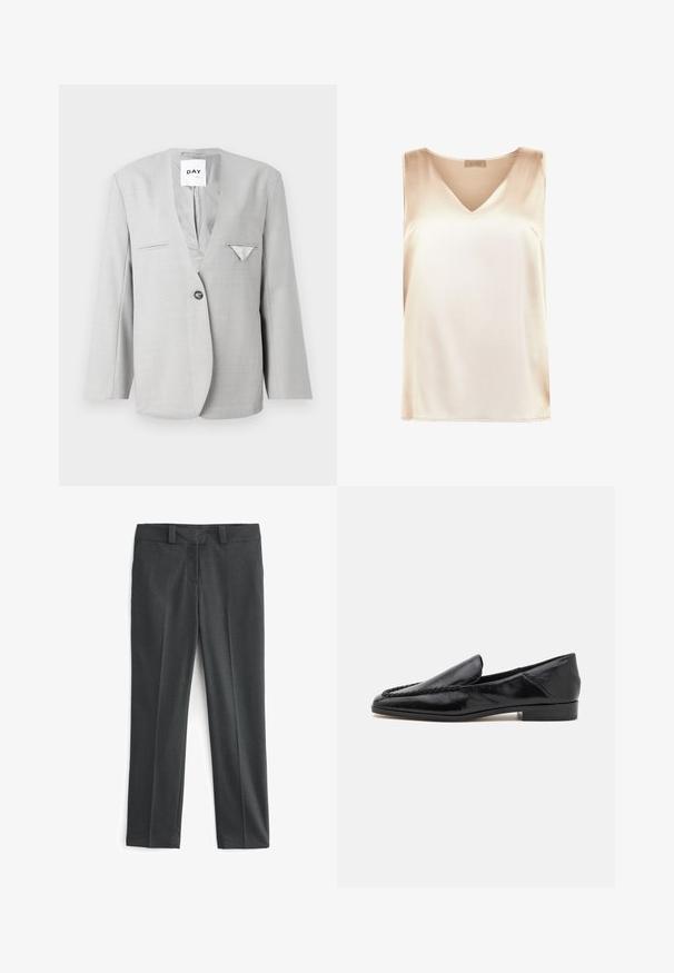 Grauer Blazer mit tiefem V-Ausschnitt und einreihigem Knopfverschluss, ausgestattet mit zwei vorderen Taschen und einem Einstecktuch-Detail. Maßgeschneiderte Passform mit langen Ärmeln.; Beige ärmelloses Top aus glattem Stoff mit V-Ausschnitt und geradem Saum. Minimalistischer Stil ohne zusätzliche Muster oder Akzente.; Dunkelgraue Hose mit taillierter Passform, glattem Stoff, flachem Bund und zwei vorderen Taschen. Keine sichtbaren Muster oder Verzierungen.; Schwarze Lederloafers mit glatter Oberfläche, die ein gesticktes Design entlang der vorderen Kante und einen niedrigen, quadratischen Absatz aufweisen.