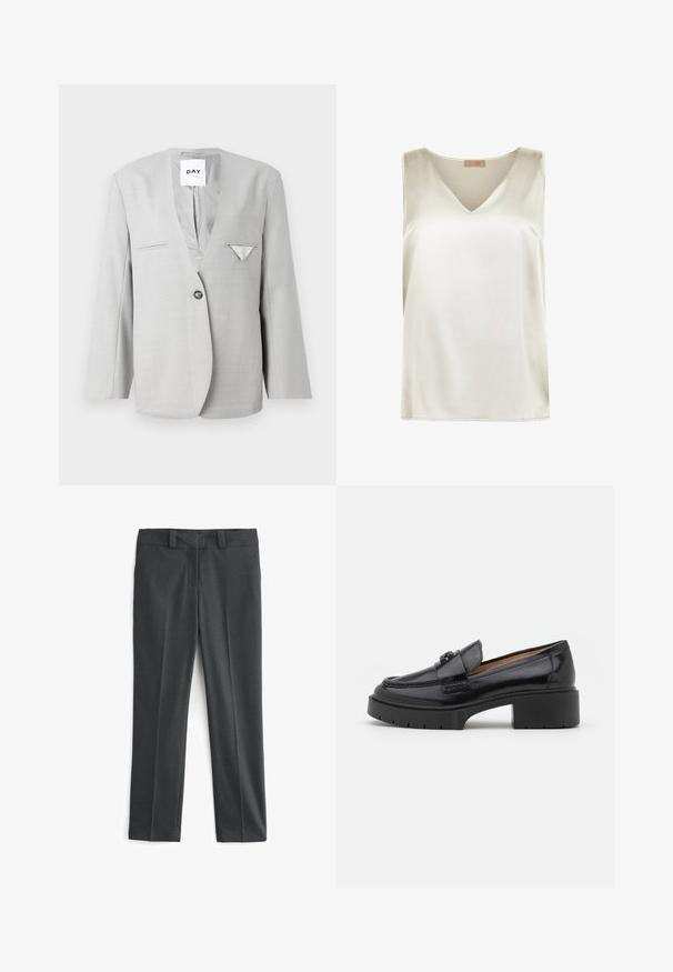 Blazer gris avec un décolleté en V profond et une fermeture à un bouton, comportant deux poches avant et un détail de pochette. Coupe ajustée avec des manches longues.; Blouse sans manches en satin ivoire avec un décolleté en V et une coupe étroite aux épaules, étiquetée Falconeri Seta Collection.; Pantalons de costume gris en tissu texturé. Dotés d'une taille plate, de passants de ceinture, et de jambes fuselées, avec une finition nette et sans motifs visibles.; Mocassin en cuir noir avec un petit talon bloc, une pointe arrondie, une sangle décorative et des détails de couture texturés sur le dessus. Fini lisse.