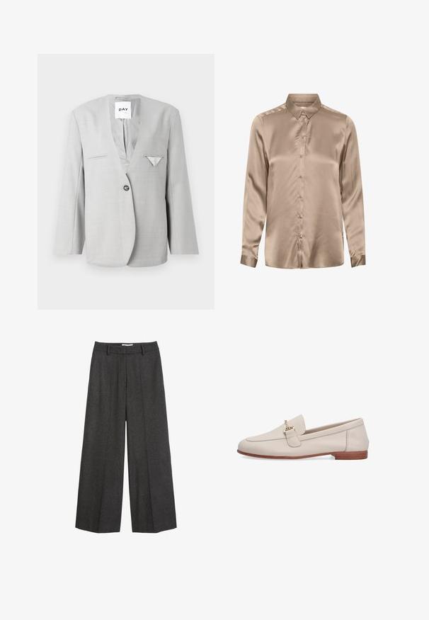 Grå blazer med dyb V-hals og enkelt knaplukning, med to forlommer og et lommetørklæde detaljer. Skræddersyet pasform med lange ærmer.; Langærmet, knap-op skjorte i beige satin stof. Har en klassisk krave, glat tekstur og subtil glans over overfladen.; Bredde bukser i mørkegrå stof. Har en skræddersyet talje med bæltesløjfer, glat tekstur og minimale syninger som detaljer.; Beige lædersko med lavt træhæl og guldfarvet metalspænde på oversiden.