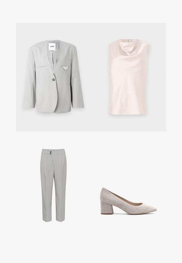 Blazer gris avec un décolleté en V profond et une fermeture à un bouton, comportant deux poches avant et un détail de pochette. Coupe ajustée avec des manches longues.; Haut sans manches style soie de couleur beige doux avec un col bénitier drapé. Doté d'une fermeture éclair discrète au dos et d'une texture lisse et brillante.; Pantalon gris clair avec une coupe ajustée, présentant deux plis à l'avant, une texture lisse et une fermeture à double bouton à la taille.; Escarpin en daim gris à talon bloc avec un bout pointu, texture lisse et une ouverture basse pour un enfilage facile. Talon robuste offrant une bonne stabilité.