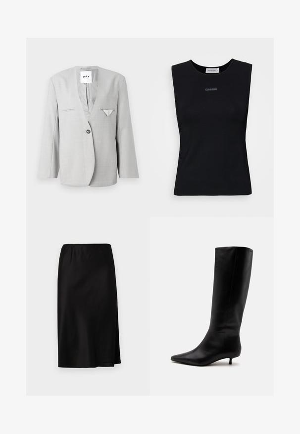 Blazer gris con escote en V profundo y cierre de un botón, que cuenta con dos bolsillos frontales y un detalle de pañuelo en el bolsillo. Ajuste entallado con mangas largas.; Top negro sin mangas de tejido suave. Presenta un cuello redondo y un pequeño logo de Calvin Klein en el centro. Diseño simple y ajustado.; Falda de satén negra con cinturilla elástica, que presenta una abertura lateral para facilitar el movimiento y una textura suave y brillante.; Bota alta de cuero negro hasta la rodilla con puntera puntiaguda y tacón bajo tipo kitten sobre un fondo claro y liso.