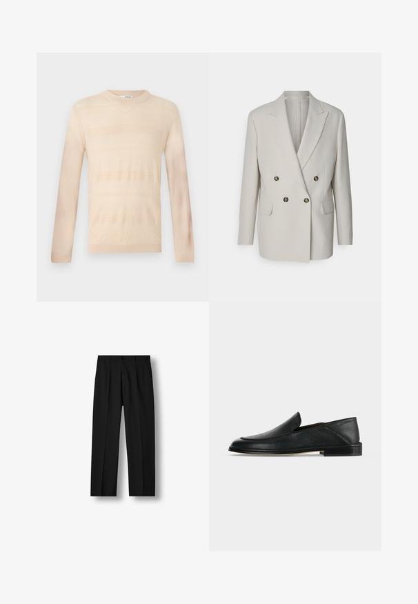 Lys beige dobbeltradet blazer med spidse klapper, to frontlommer og mørke runde knapper. Glat stof, skræddersyet pasform.; Lys beige strikket sweater med lange ærmer, som har et tekstureret stribet mønster og en rund halsudskæring. Glat stoffinish.; Sorte bukser med lige ben, forreste plisseringer, knaplukning i taljen og sidelommer på hvid baggrund.; Sort læder slip-on loafer med lav hæl og rundet tå, vist på en simpel hvid baggrund.
