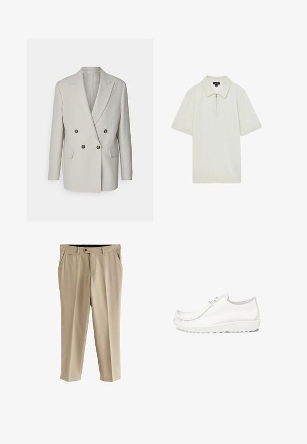 Lys beige dobbeltradet blazer med spidse klapper, to frontlommer og mørke runde knapper. Glat stof, skræddersyet pasform.; Zip-neck polo shirt i cremefarve, lavet af blødt stof, med en spids krave, korte ærmer og en lige kant.; Beige bukser lavet af glat stof, med flad front, sidelommer og en enkelt baglomme. Standard talje med knaplukning.; Hvide lædersko med en afrundet tå, syninger og en let hvid sål. Har to hul til snørebånd.