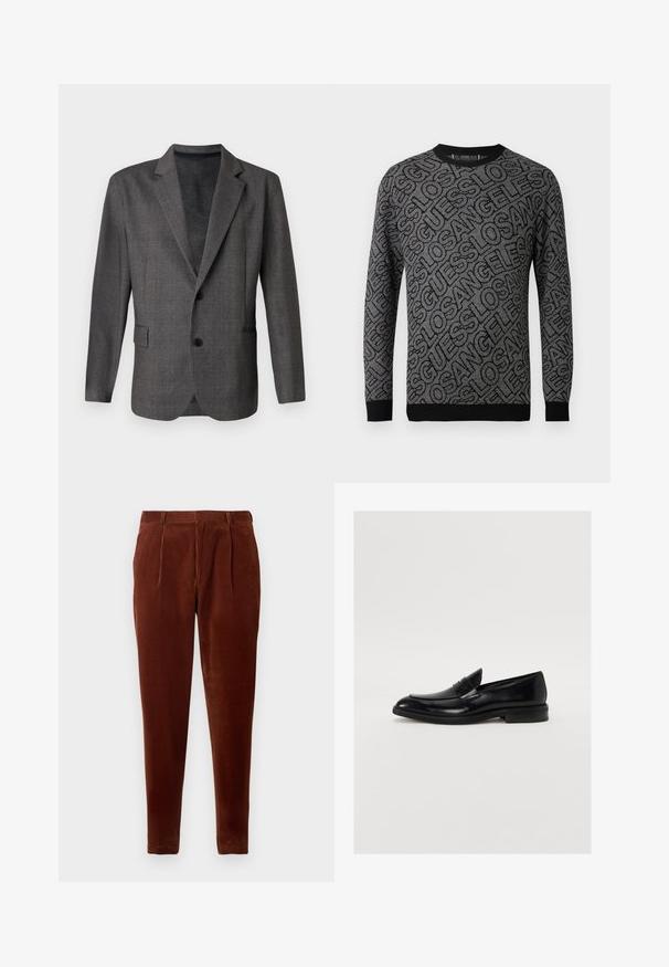 Grauer Blazer mit strukturiertem Muster, Revers, zwei Knöpfen und einer Brusttasche. Aus einem glatten Stoff gefertigt, taillierte Passform.; Schwarzer und grauer gestrickter Pullover mit einem Allover-Muster des Wortes "LOS ANGELES". Rippbündchen an den Ärmeln und am Halsausschnitt betonen das Design.; Braune Cordhosen mit geradem Schnitt, Frontfalten, zwei Seiten Taschen und einer glatten Textur. Geeignet für die Freizeit.; Schwarze Lederloafers mit runder Zehenform, dezenten Nähten und glatter Oberfläche. Mit einem niedrigen, gestapelten Absatz und einem Riemen über dem Fußteil.