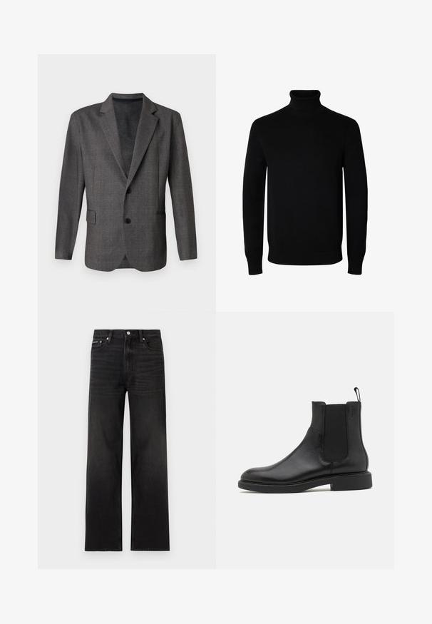 Grå blazer med et struktureret mønster, stikkraver, to knapper og en forlommes. Lavet af et glat stof, skræddersyet pasform.; Sort langærmet rullekrave sweater med rib manchetter og kant, vist på en ensartet hvid baggrund.; Sorte jeans med lige ben, fem-lomme design, bæltestropper og knaplukning, vist på en hvid baggrund.; Sort læder ankelstøvle med glat overflade, elastiske sidepaneler og en trækstrop. Rund tå og flad gummisål med minimal mønster.