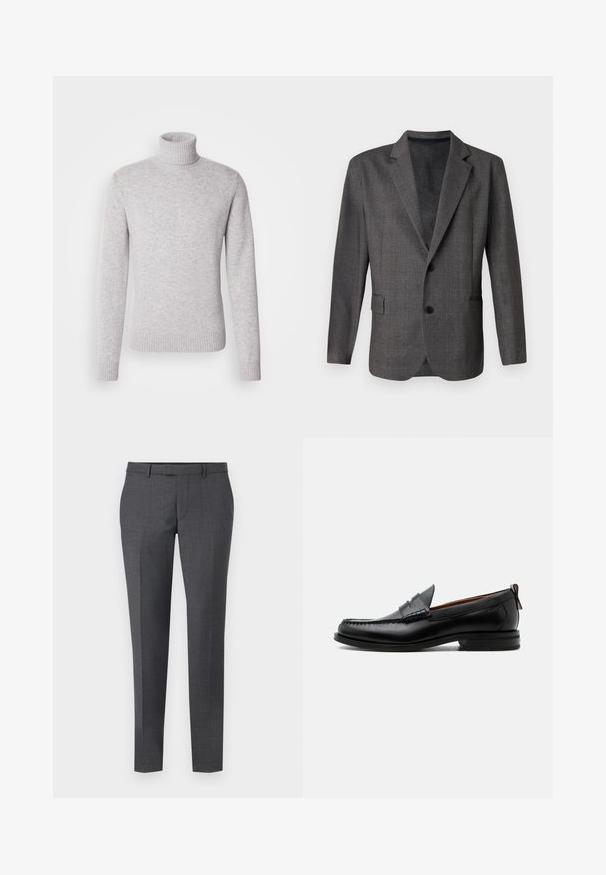 Blazer gris avec un motif texturé, revers en notch, deux boutons et une poche avant. Fabriqué dans un tissu lisse, coupe ajustée.; Pull en maille tricotée gris clair à col roulé. Doté d'un col et de poignets côtelés. Forme classique et ajustée avec des manches longues.; Pantalons ajustés gris avec une texture lisse, coupe droite, devant plat et passants de ceinture. Présente un motif à carreaux subtil et un pli sur le devant.; Mocassin homme en cuir noir avec couture moc toe, bride penny, col texturé et petit talon empilé sur fond blanc.