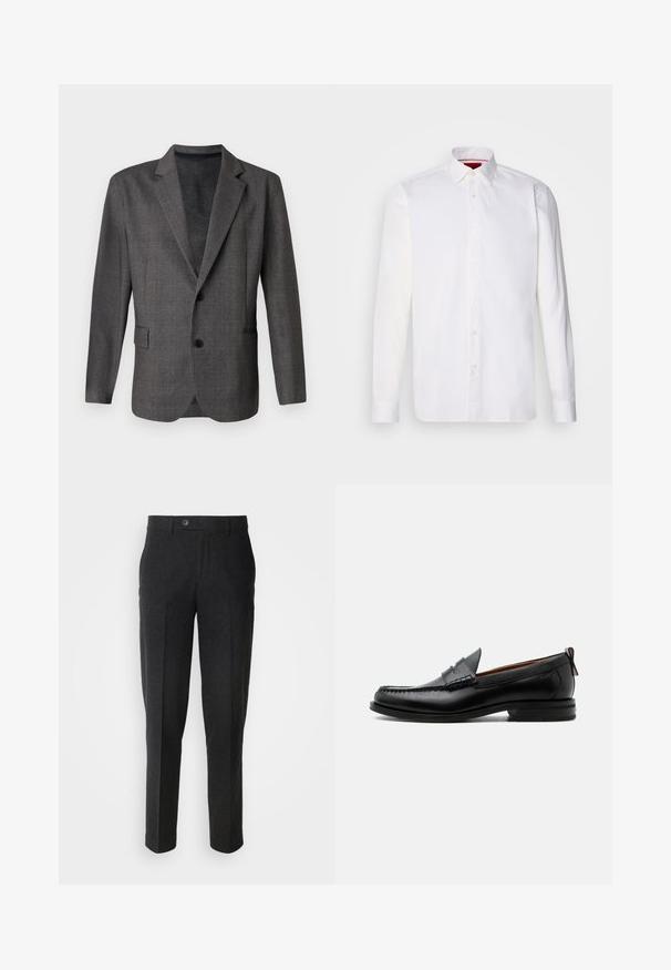 Grauer Blazer mit strukturiertem Muster, Revers, zwei Knöpfen und einer Brusttasche. Aus einem glatten Stoff gefertigt, taillierte Passform.; Weißes langärmliges Hemd aus Baumwolle mit klassischem Kragen, Knopfleiste vorne und glatter Textur. Rote Details im inneren Kragen.; Lindbergh Stoffhose - black melange; Schwarzer Leder-Herrenschuh mit Mokassinnaht, Penny-Riemen, strukturiertem Kragen und niedrigem gestapeltem Absatz auf weißem Hintergrund.