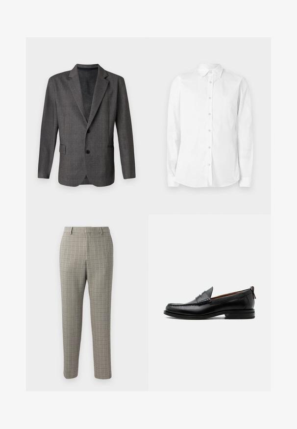 Blazer gris avec un motif texturé, revers en notch, deux boutons et une poche avant. Fabriqué dans un tissu lisse, coupe ajustée.; Chemise blanche à manches longues avec boutons, fabriquée en coton. Comprend un col pointu et un petit logo brodé sur la poitrine. Texture lisse.; Pantalon en tissu beige clair avec un motif à carreaux marron foncé et bleu marine, coupe droite et taille standard.; Mocassin homme en cuir noir avec couture moc toe, bride penny, col texturé et petit talon empilé sur fond blanc.