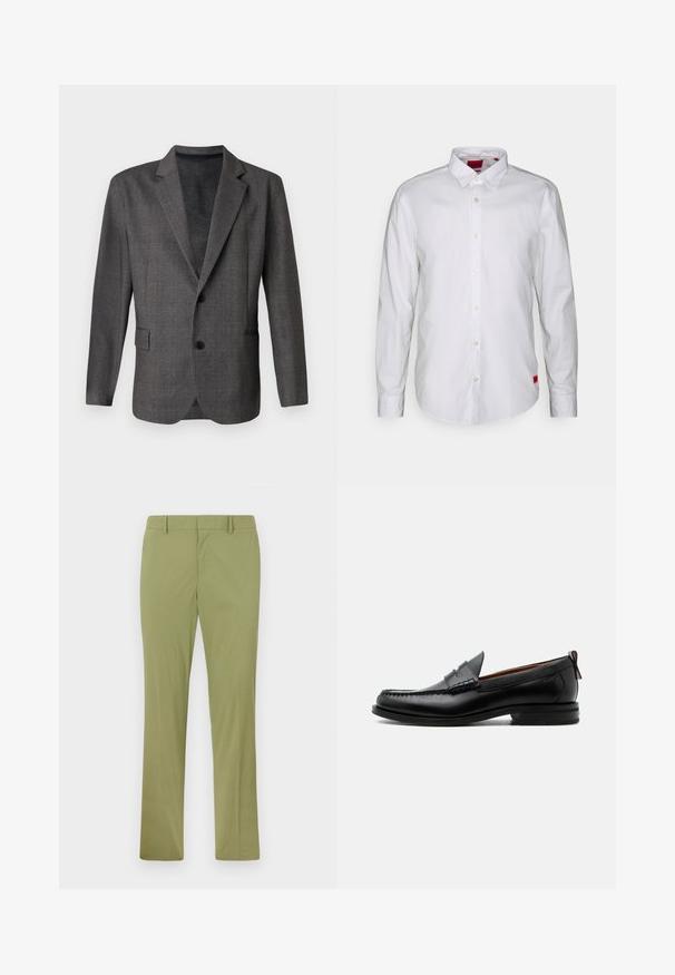 Harmaa bleiseri, jossa on teksturoitu kuvio, kaulukset, kaksi nappia ja etutasku. Valmistettu sileästä kankaasta, slim fit -malli.; Valkoinen pitkähihaisessa paidassa on nappikaulus, ja se on valmistettu kevyestä kankaasta. Paidassa on hienovarainen punainen brändilogo alareunassa.; Slim fit -malliset oliivinvihreät housut, joissa vyölenkit, etuvetoketju ja suorat lahkeet, asetettuina tasaisesti vaalealle taustalle.; Miesten musta nahka loafer mokkakengännissäpäällysteisesti, pennihihnalla, teksturoidulla kauluksella ja matalalla pinotulla korolla valkoisella taustalla.