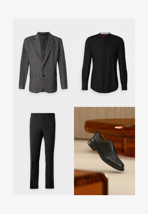 Blazer gris con un patrón texturado, solapas con muesca, dos botones y un bolsillo frontal. Hecho de una tela suave, de corte entallado.; Camisa negra de manga larga con cuello mandarín, confeccionada en una tela suave, con cierre de botones en la parte delantera y detalles de diseño sutiles.; Pantalones negros con un corte ajustado, que presentan un frente plano, dos pliegues, pasadores para cinturón y una textura suave. Sin patrones ni accesorios visibles.; Zapato de vestir negro de piel con cordones y parte delantera texturizada, flotando sobre una alfombra beige en una habitación moderna con muebles de tono ámbar.