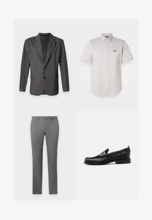 Blazer gris avec un motif texturé, revers en notch, deux boutons et une poche avant. Fabriqué dans un tissu lisse, coupe ajustée.; Polo à manches courtes gris clair en tissu texturé, doté d'un col à boutons, de boutons sur le devant et d'un petit logo noir.; Pantalons gris ajustés avec une texture lisse, design à jambe droite, passants de ceinture et un motif chevron subtil sur l'ensemble.; Mocassin en cuir noir avec détail de bride grise, talon bas et semelle texturée, marqué "HUGO" en or sur le côté.