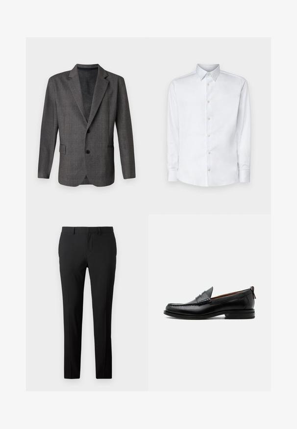 Grå blazer med et struktureret mønster, stikkraver, to knapper og en forlommes. Lavet af et glat stof, skræddersyet pasform.; Hvid langærmet skjorte lavet af glat stof, med en klassisk krave, knaplukning og manchetter med knapper, vist på en ensfarvet baggrund.; Skræddersyede sorte bukser i et glat stof. Har et lige ben-design, frontfald og bæltestropper til justerbar størrelse.; Sort læder herre loafer med moc-tå syning, penny strop, struktureret krave og lav stablet hæl på hvid baggrund.