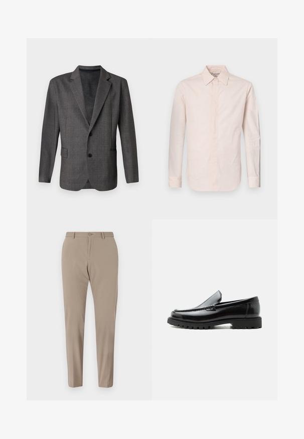 Grauer Blazer mit strukturiertem Muster, Revers, zwei Knöpfen und einer Brusttasche. Aus einem glatten Stoff gefertigt, taillierte Passform.; Helles rosa Langarmhemd aus glattem Stoff, mit spitzem Kragen, Knopfverschluss und einem leicht abgerundeten Saum.; Beige maßgeschneiderte Hose mit glatter Textur, slim Fit und vorderen Knopfverschluss. Keine sichtbaren Muster oder Verzierungen.; Schwarzer Lederloafer mit grober Gummisohle, genähter Oberseite und geprägtem Markennamen an der Ferse, seitlich auf weißem Hintergrund gezeigt.