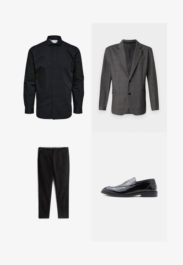 Grå blazer med et struktureret mønster, stikkraver, to knapper og en forlommes. Lavet af et glat stof, skræddersyet pasform.; Herre langærmet sort skjorte med knaplukning foran og klassisk krave, lavet af glat stof.; Sorte chinos lavet af en bomuldsblanding, med en lige pasform, forlommer og en diskret logo-detalje på taljen.; Sorte loafers i laklæder med en glat finish, rundet tå og dekorativ remdetalje, med lav profil og gummisål.