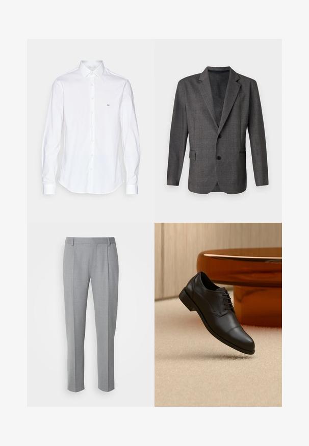 Grauer Blazer mit strukturiertem Muster, Revers, zwei Knöpfen und einer Brusttasche. Aus einem glatten Stoff gefertigt, taillierte Passform.; Weißes Langarmhemd mit Button-Down-Kragen, mit einem kleinen gestickten "CK"-Logo auf der linken Brust und einem glatten, strukturierten Stoff.; Grau zugeschnittene Hosen mit glatter Textur, flachem Frontbereich, geraden Beinen und dezenten Falten für zusätzliche Details.; Schwarzer, formeller Oxford-Lederschuh mit Schnürsenkeln, der über einem beigen Teppich schwebt, mit einem runden braunen Tisch im Hintergrund.