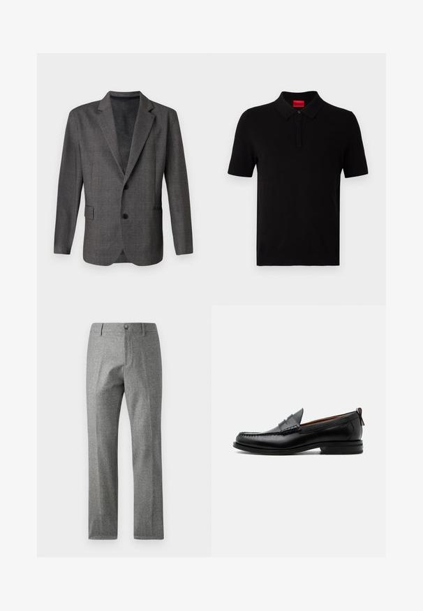 Grijze blazer met een gestructureerd patroon, notch revers, twee knopen en een voorkant zak. Gemaakt van een gladde stof, getailleerde pasvorm.; Zwarte poloshirt van gladde katoen. Met een klassieke kraag, korte mouwen en een rood label op de hals. Geen patronen of accenten.; Grijze textuur broek met een rechte pijp ontwerp, voorzien van een voorste knoop- en ritssluiting. Subtiele visgraatpatroon detail.; Zwarte leren herensloffen met moc toe stiksel, pennyriem, gestructureerde kraag en lage gestapelde hak op witte achtergrond.