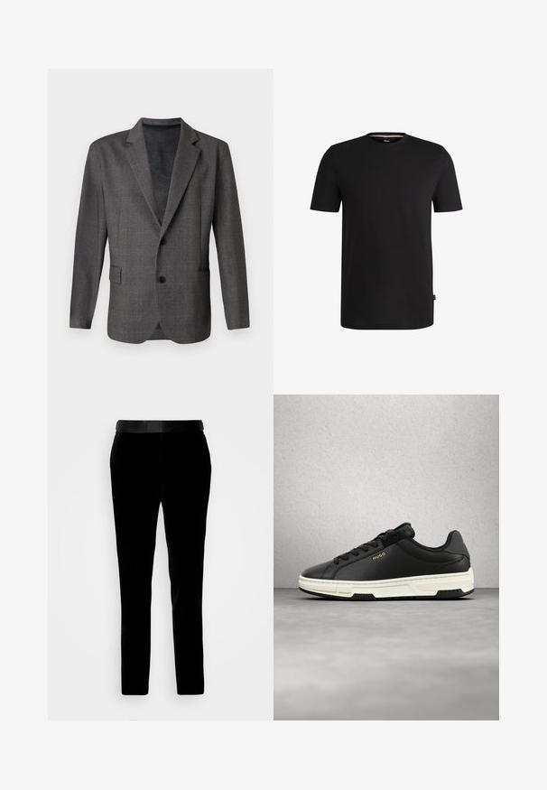 Grauer Blazer mit strukturiertem Muster, Revers, zwei Knöpfen und einer Brusttasche. Aus einem glatten Stoff gefertigt, taillierte Passform.; Schwarzes T-Shirt mit kurzen Ärmeln aus weicher Baumwolle und rundem Halsausschnitt. Verfügt über ein dezentes Markenlabel auf der linken Seite nahe dem Saum.; Schwarze Samthosen mit tailliertem Schnitt, glatter Textur und passendem Bund. Verfügt über gerade Beine und Seitentaschen.; Schwarzer Sneaker mit niedrigem Schaft, weißer Sohle und "HUGO"-Logo in Gold an der Seite, der über einem polierten Betondachboden schwebt.