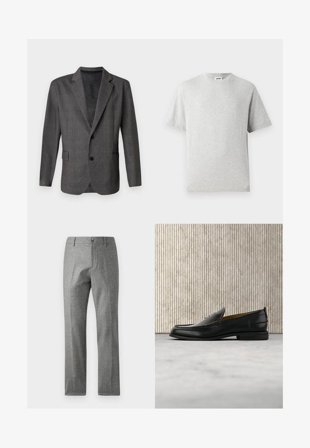 Grå blazer med et struktureret mønster, stikkraver, to knapper og en forlommes. Lavet af et glat stof, skræddersyet pasform.; Grå kortærmet t-shirt lavet af blødt stof. Har rund hals, afslappet pasform og ingen mønstre eller logoer. Glat tekstur hele vejen igennem.; Grå teksturerede bukser med lige ben-design, der har en frontknap og lynlås lukning. Diskret hørfiskebensmønster.; Sort læder herreloafer med krokodillepræget forstykke og lav hæl, vist i profil på en neutral baggrund.