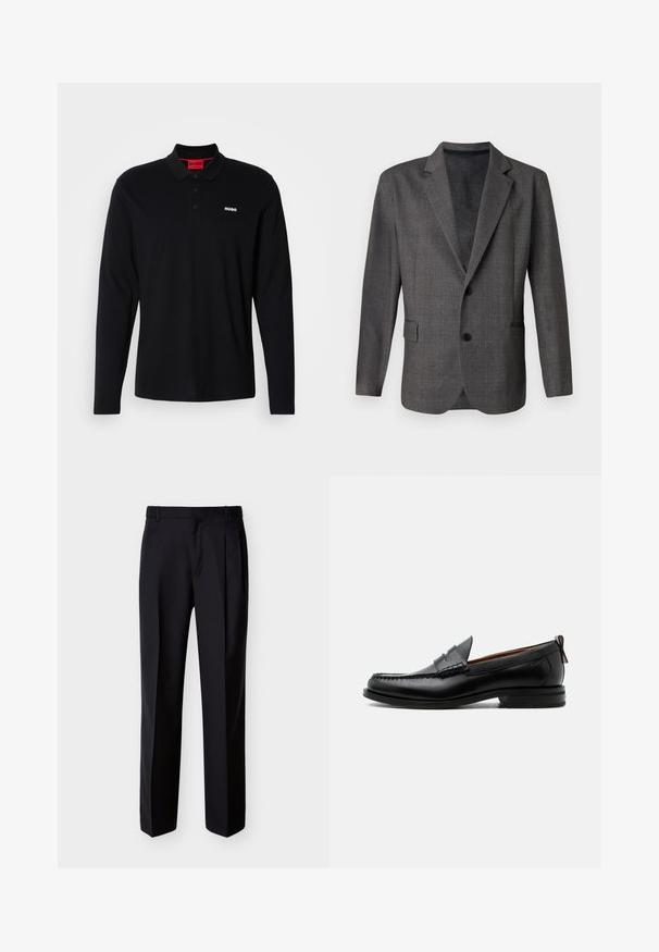 Blazer gris con un patrón texturado, solapas con muesca, dos botones y un bolsillo frontal. Hecho de una tela suave, de corte entallado.; Camisa polo negra de manga larga hecha de algodón, con un cuello rojo y una tapeta de tres botones, y un logo blanco "HUGO" en el pecho.; Pantalones negros hechos a medida con corte recto, pinzas delanteras y bolsillos laterales. Elaborados con una tela suave y ligera con un patrón sólido.; Mocasín de hombre de piel negra con costura moc toe, tira penny, cuello texturizado y tacón bajo apilado sobre fondo blanco.