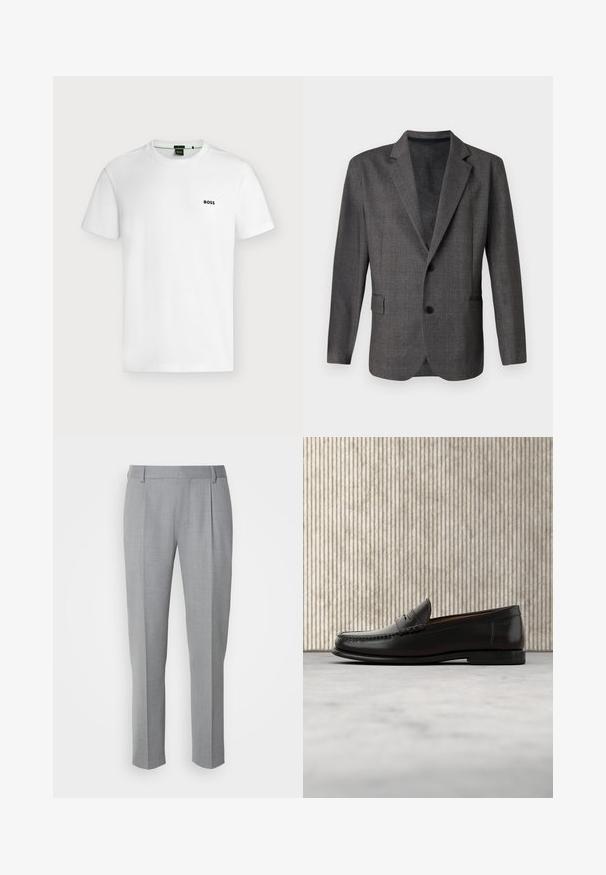 Grauer Blazer mit strukturiertem Muster, Revers, zwei Knöpfen und einer Brusttasche. Aus einem glatten Stoff gefertigt, taillierte Passform.; Schlichtes weißes T-Shirt mit kurzen Ärmeln und kleinem schwarzen "BOSS"-Logo auf der linken Brust, vor hellem Hintergrund gezeigt.; Grau zugeschnittene Hosen mit glatter Textur, flachem Frontbereich, geraden Beinen und dezenten Falten für zusätzliche Details.; Schwarzer Pennyloafer aus Leder mit niedrigem Absatz, abgerundeter Spitze und genähten Details vorne und an den Seiten, gezeigt vor neutralem Hintergrund.