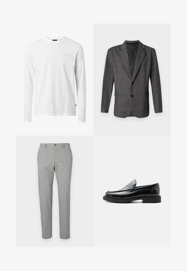 Blazer gris con un patrón texturado, solapas con muesca, dos botones y un bolsillo frontal. Hecho de una tela suave, de corte entallado.; Camiseta blanca de manga larga hecha de algodón, con cuello redondo, textura suave y un sutil logo en el pecho. Diseño simple y clásico.; Pantalones grises hechos de una tela texturizada, con cierre de botón, un ajuste entallado y un diseño de pierna recta.; Mocasín de cuero negro con suela de goma gruesa, empeine cosido y nombre de la marca en relieve en el talón, mostrado en perfil lateral sobre fondo blanco.