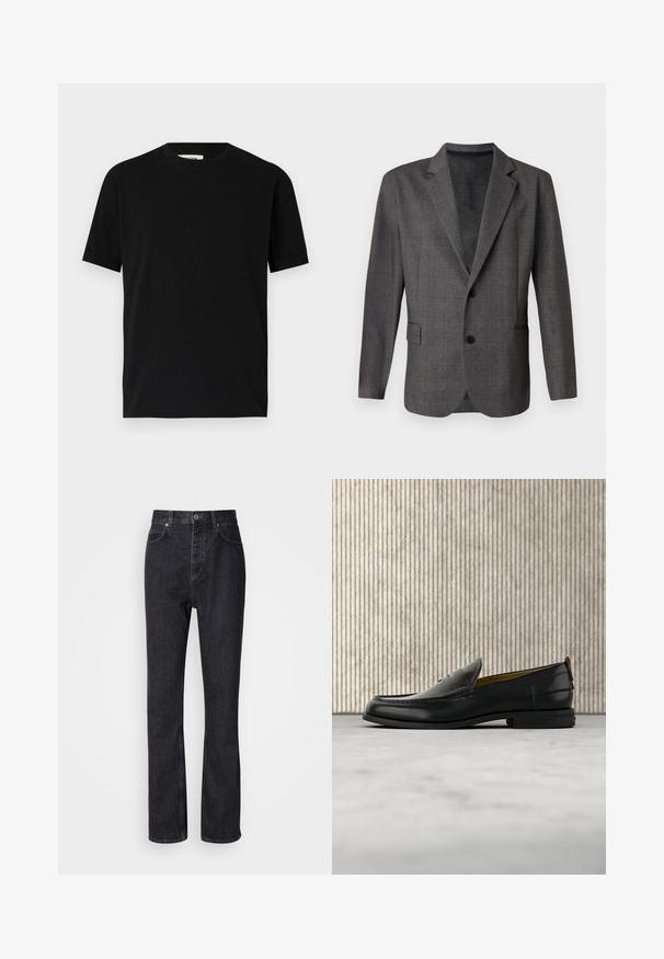 Blazer gris avec un motif texturé, revers en notch, deux boutons et une poche avant. Fabriqué dans un tissu lisse, coupe ajustée.; T-shirt noir à manches courtes en coton avec un col rond et une coupe ample. Texture lisse, sans motifs ni logos visibles.; Jean en denim noir taille haute avec fermeture à bouton et à glissière, poches avant et arrière, et coupe droite.; Mocassin pour homme en cuir noir avec un dessus embossé effet croco et un petit talon, présenté de profil sur un fond neutre.