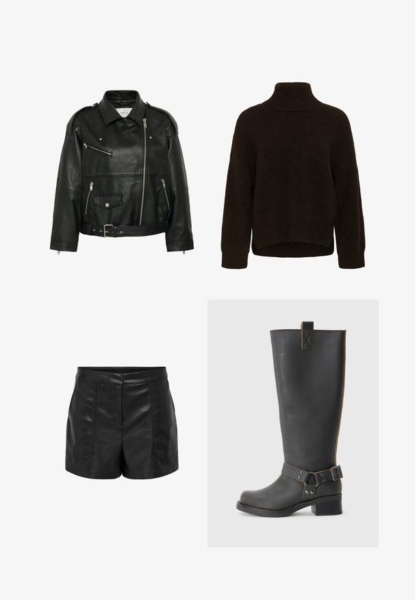 Black leather biker jacket with diagonal zipper, zipped and snap button pockets, belted waist, and shoulder epaulets.; Dark brown knit turtleneck sweater with long sleeves, ribbed cuffs, and slightly curved hem longer in the back.; Black faux leather high-waist shorts with front seam details and patch pockets, displayed against a plain white background.; Black leather knee-high boot with a textured finish, featuring a side buckle accent and a low heel. Detailed stitching along the seams.