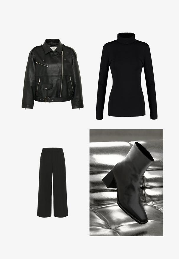 Veste de motard en cuir noir avec fermeture éclair diagonale, poches zippées et à boutons-pression, taille ceinturée et épaulettes.; Haut à col roulé noir à manches longues, fabriqué en tissu doux et extensible, avec une coupe ajustée et un col haut. Pas de motifs ni d'ornements.; Pantalons larges noirs en tissu lisse, avec une taille ajustée et sans poches visibles, offrant une silhouette épurée.; Botte noire à la cheville en matériau brillant avec un bout carré et un talon effilé, sur un fond argenté brillant et capitonné.