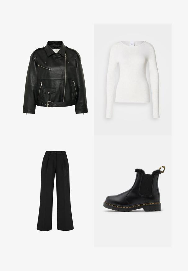 Cazadora de cuero negro para motorista con cremallera diagonal, bolsillos con cremallera y botones automáticos, cintura con cinturón y hombreras.; Camiseta blanca de manga larga en un tejido suave y ligero con escote redondo y ajuste slim, con una textura sutil.; Pantalones negros de talle alto y pierna ancha con pinzas delanteras, trabillas para cinturón y cierre con botón en la cintura.; Botas de tobillo de cuero negro con paneles laterales de elastano texturizados, con un borde de pelo en la parte superior, costuras amarillas y una suela de goma resistente.