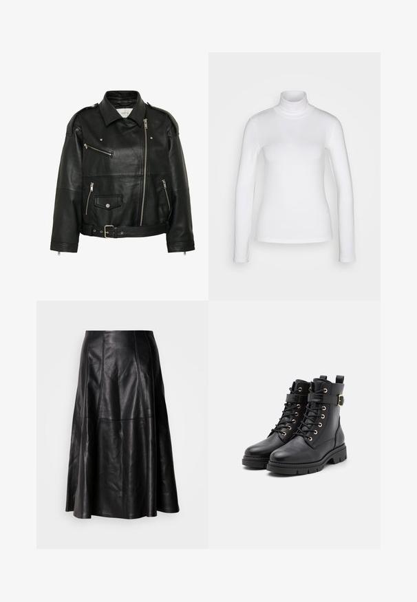 Schwarze Leder-Bikerjacke mit diagonalem Reißverschluss, Reißverschluss- und Druckknopftaschen, tailliertem Gürtel und Schulterklappen.; Weißes langärmeliges Rollkragenshirt aus einem glatten, dehnbaren Stoff. Hat eine enganliegende Passform und einen hohen Kragen. Keine sichtbaren Muster oder Akzente.; Schwarzer Lederrock mit ausgestellter Silhouette, sichtbaren Nähten und glatter Textur. Mittellanges Design mit klassischem Schnitt.; Schwarze Leder-Stiefeletten mit runder Spitze, Schnürdesign, goldenen Ösen, Schnallenakzent und einer klobigen, strukturierten Sohle.