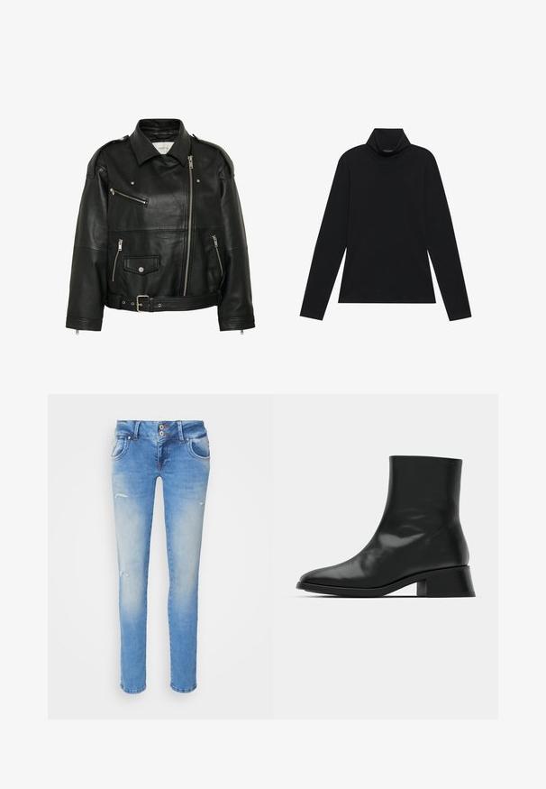 Sort læder bikerjakke med diagonal lynlås, lynlås- og trykknapslommer, bælte i taljen og skulderstropper.; Sort turtleneck med lange ærmer. Blødt stof, tætsiddende design, høj krave og sidesøm. Simpel og alsidig stil, der er velegnet til lag-på-lag.; Blå denimjeans med slim fit, der har en let slidtage, to frontlommer og mindre slidte detaljer nær knæene.; Sort ankelstøvle lavet af blank læder, med et strømlinet design, spids tå og en moderat blokhælhøjde for stabilitet.