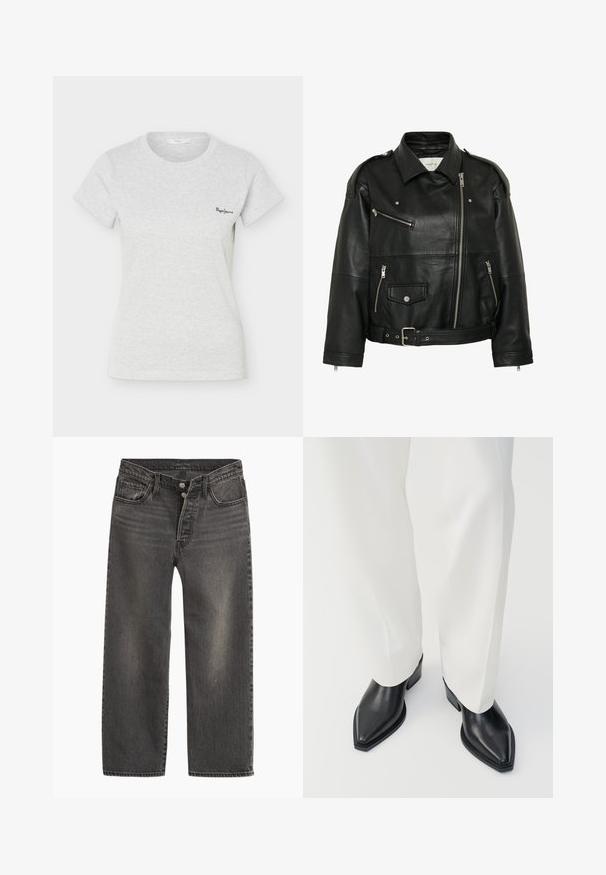 Cazadora de cuero negro para motorista con cremallera diagonal, bolsillos con cremallera y botones automáticos, cintura con cinturón y hombreras.; Camiseta de manga corta de color gris claro con tejido acanalado, cuello redondo y pequeño logo negro de "Pepe Jeans" en el lado izquierdo del pecho.; Vaqueros de mezclilla negra con diseño de pierna recta, cintura alta y cierre de botones. Presentan un sutil desgaste y costuras en contraste.; Botas de tobillo negras con punta afilada y acabado de cuero liso, con tacones bajos y bloque, combinadas con pantalones blancos de pierna ancha. Diseño simple y moderno.