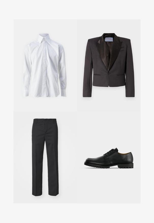 Sort tuxedo jakke lavet af glat stof med satin-klap, en enkelt knaplukning og dobbelt frontlommer. Strukturerede skuldre og cropped pasform.; Hvid langærmet skjorte lavet af glat stof, med klassisk krave, knaplukning og en diskret broderet logo nederst til venstre.; Filippa K TROY TROUSERS - Bukser - black; Sort lædersko med snørebånd, tyk rillede sål og lav hæl vist på en hvid baggrund.