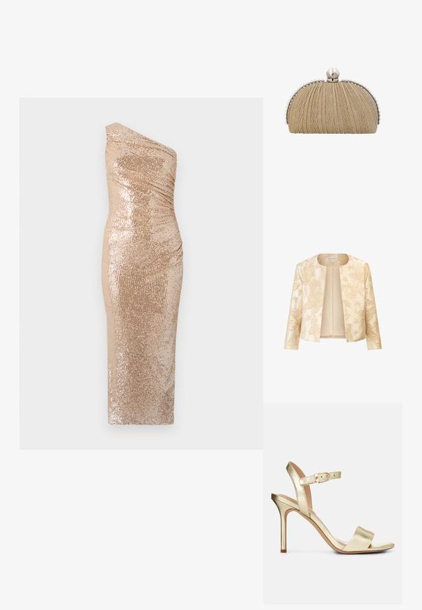 Beige jakke med blomster- og sommerfuglestikninger, cropped design, åben front og lange ærmer med en glat tekstur.; Bodycon kjole med en skulderdesign, lavet af glitrende stof i guld. Har en tætsiddende silhuet og glat tekstur.; Guldmetallic, strop-sandale med høj hæl og spænde-lukning, åben tå og glat overflade. Har en slank, spids hæl.; Clutchpung i gyldent stof med plisseret tekstur, sølvramme og stor perleknap med mindre perler langs kanterne.