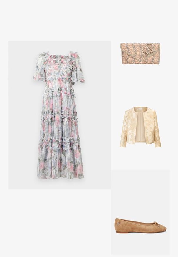 Beige jakke med blomster- og sommerfuglestikninger, cropped design, åben front og lange ærmer med en glat tekstur.; Blomstret chiffon maxi-kjole med rynket liv, flæseærmer og lagdelte skørter. Farverne omfatter blid pink, grå og grønne blomsterprint.; Beige ruskind ballet sko med en let spids tå, en sløjfe på forsiden og et lille metallic logo på hælen. Flad sål.; Clutch-pung i blød pink med bølgemønster. Har perlede detaljer og metallisk trim. Lavet af strukturerede materialer, med en sikker flaplukning.