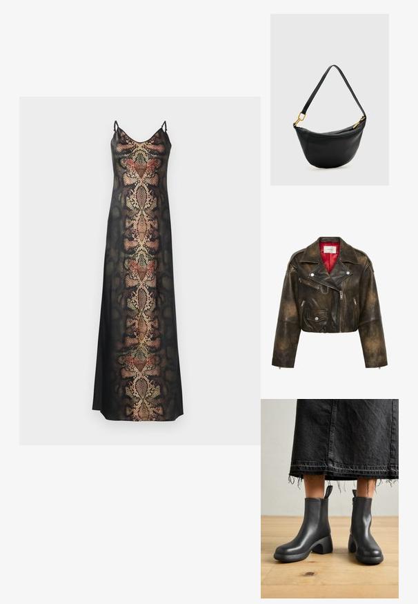 Donkerbruine distressed leren cropped bikerjas met asymmetrische frontrits, drie ritssluitingen, klepzak met drukknop en rode binnenvoering.; Zwarte slipdress met een slangenhuidpatroon in aardetinten en metallic accenten, met dunne verstelbare bandjes en een gladde textuur.; Zwarte leren enkellaarzen met een chunky hak en een zijrits, met een gestructureerde zool en een trekhaak voor eenvoudige in- en uittrekking.; Zwarte leren handtas in halve maanvorm met een enkele riem en goudkleurige ritssluiting en hardware details op een lichte achtergrond.