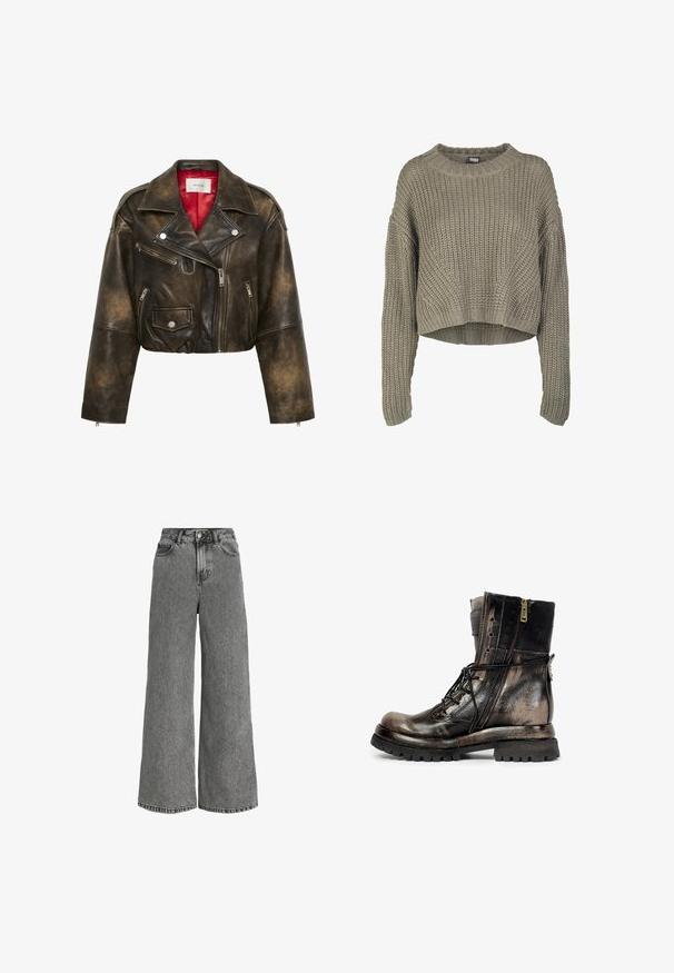 Donkerbruine distressed leren cropped bikerjas met asymmetrische frontrits, drie ritssluitingen, klepzak met drukknop en rode binnenvoering.; Olijfgroen geknipte gebreide trui met een textuurpatroon, ronde halslijn en lange mouwen. Dikke ribbels aan de zoom en manchetten.; Grijze denim jeans met hoge taille, wijde pijpen, voorste knoopsluiting, ritssluiting en ontwerp met vijf zakken.; Zwarte en bruine leren gevechtslaars met zijrits, veters, robuuste zool en een gespband aan de achterkant, gezien van de rechterkant.