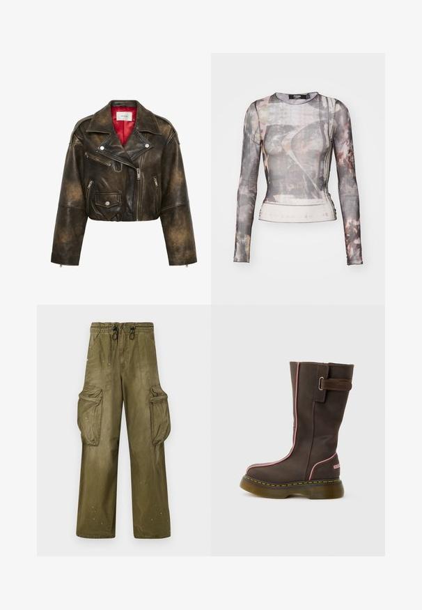 Donkerbruine distressed leren cropped bikerjas met asymmetrische frontrits, drie ritssluitingen, klepzak met drukknop en rode binnenvoering.; Langsleeve, doorzichtige top met een grijs en bruin abstract patroon, ronde halslijn en een aansluitende silhouet met een lichte stretch.; Olijfgroene cargobroek met een relaxte pasvorm, elastische tailleband, trekkoord, twee zijzakken en twee grote cargozakken. Licht verouderd.; Bruine lederen laars tot halverwege de kuit met roze bies, dikke doorschijnende zool, gele stiksels en een zijriem met metalen gesp.