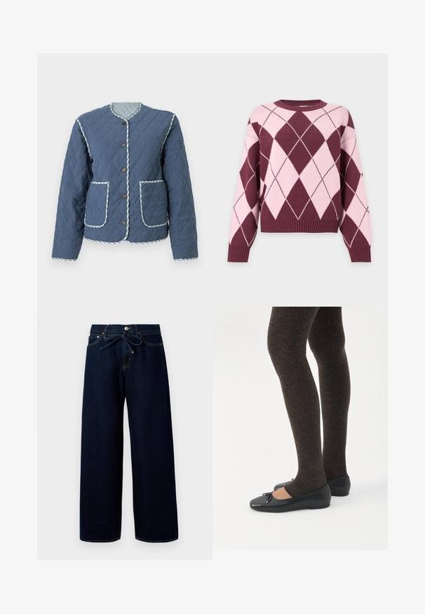 Gequilt donkerblauw jack met diamantvormige patronen, ronde halslijn, bruine knopen, twee voorzakken en geruite bies langs de randen.; Gebreide trui met lange mouwen met een roze en bordeaux argyle ruitpatroon en geribde boorden en zoom.; Donkerblauwe wijde jeans van denim, met een sluiting met knoppen aan de voorkant en een trekkoord in de taille, versierd met contrasterende stikdetails.; Benen met donkere geribbelde leggings gecombineerd met zwarte ballerina's met kleine strikdetails op een witte achtergrond.